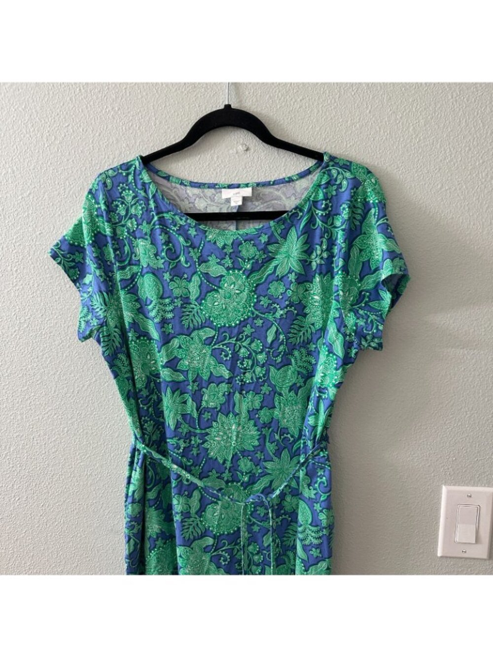 J. Jill Short Sleeve Belted Maxi Dress Blue Green Womens MEDIUM Pockets Cotton - Picture 2 of 7